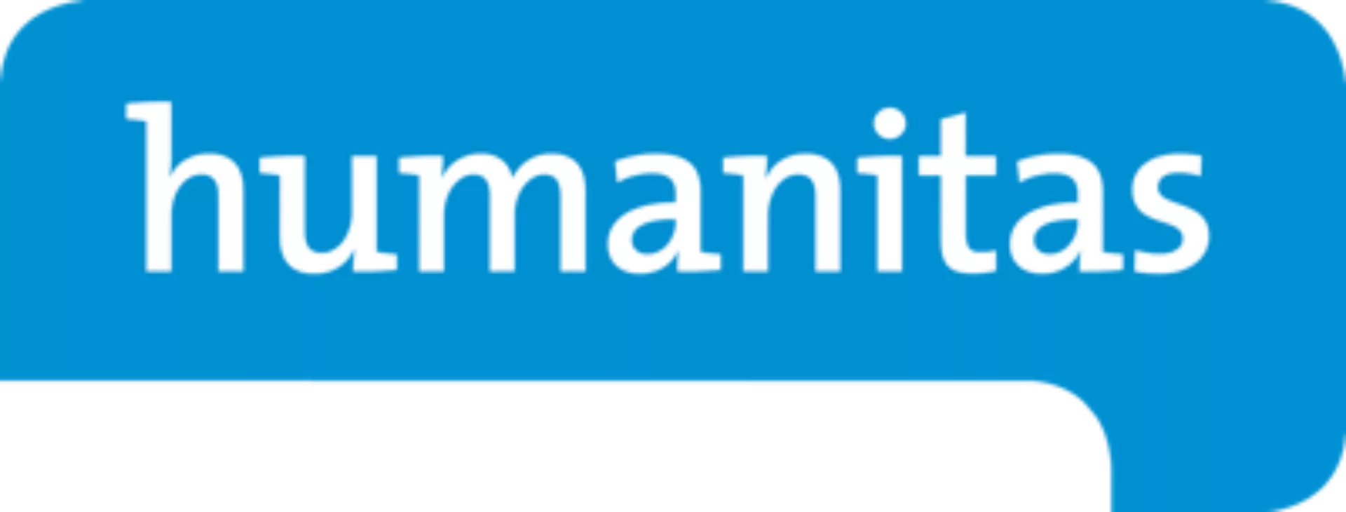 Het logo van Humanitas, met witte tekst in een blauw tekstballon.